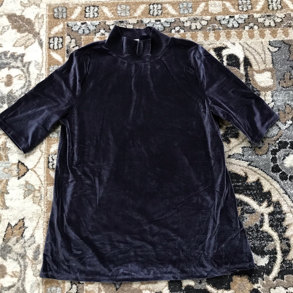 MOVING SALE ✨SMALL LOFT Crushed Velour Navy Blue Mockneck Tee - Picture 4 of 7